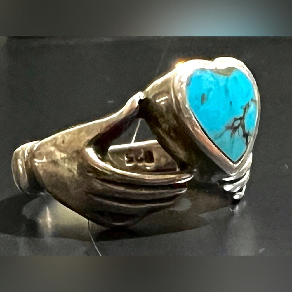 Vintage 925 Sterling Turquoise Fede Claddagh Ring Sz 6